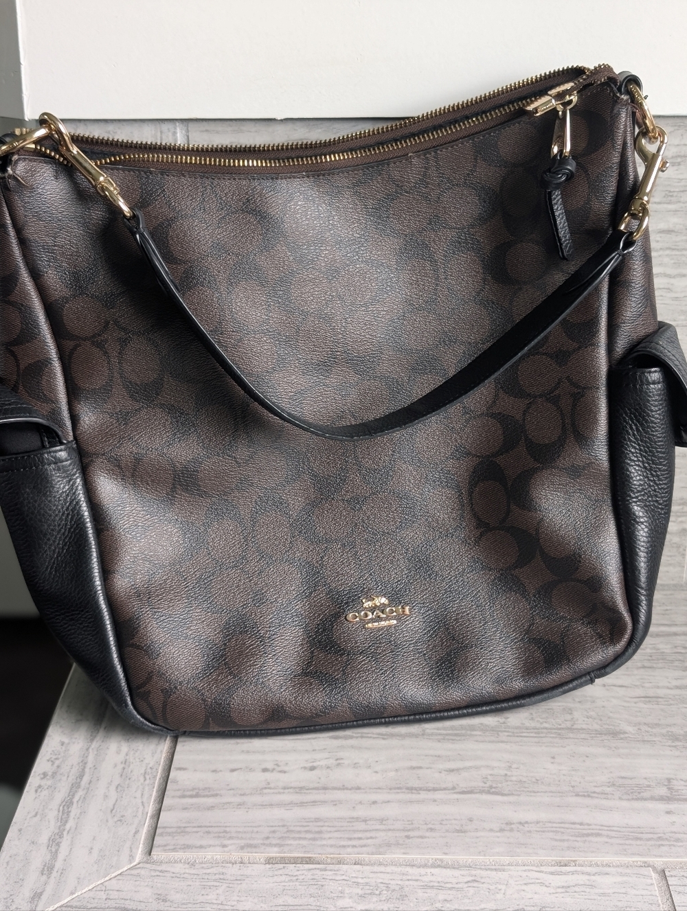 Coach Brown Signature Monogram Shoulder Bag with Black Trim